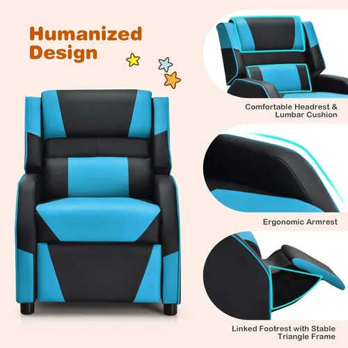 Miniatura 7 de Giantex Silla reclinable para niños, silla reclinable para juegos con reposapiés, reposacabezas y soporte lumbar, silla ergonómica de cuero para Azul