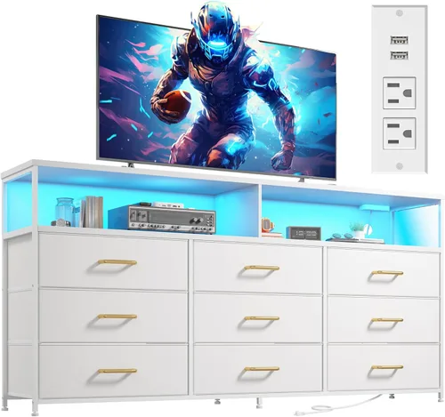 Miniatura 11 de Cómoda negra de 55 pulgadas de ancho para dormitorio con estación de carga y luz LED, soporte de TV de 65/55/50 pulgadas con 9 cajones de tela