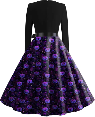Miniatura 2 de Vestido de Halloween para mujer, de manga larga, con vuelo, de cóctel de los años 50, vestido de calabaza y esqueleto impreso, disfraz de fiesta