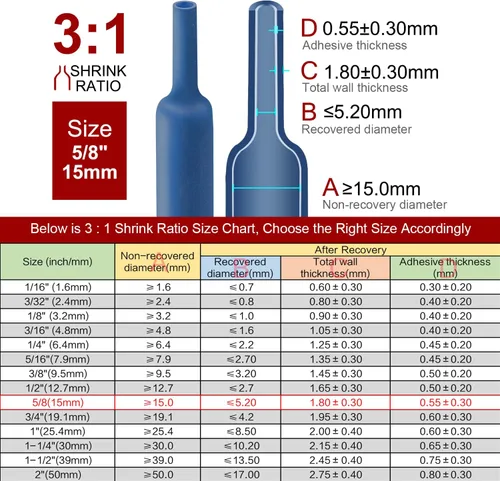Miniatura 3 de CHANZON - Relación 3:1 - Rollo de 80 pies - Tubo termorretráctil de 5/8" (15mm) - Grado marino, impermeable, forro adhesivo