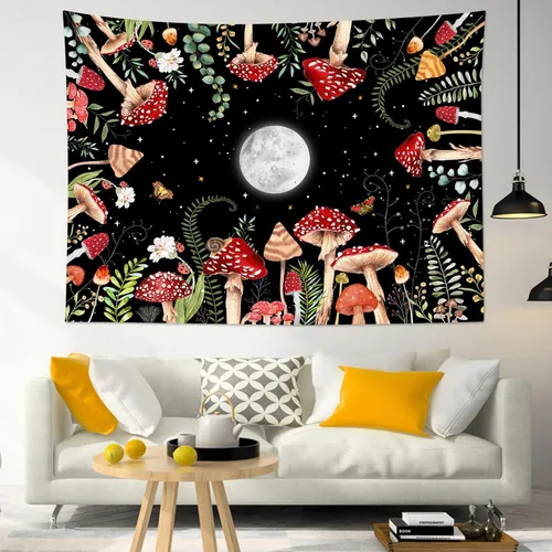 Miniatura 19 de HVEST Tapiz retro rojo de hongos para colgar en la pared, diseño floral rosa con fresa y mariposa en beige, tapiz para dormitorio, flores, plantas