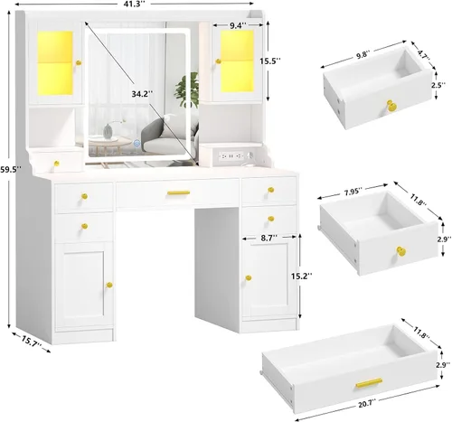 Miniatura 8 de Escritorio de tocador con espejo y luces, mesa de tocador de maquillaje blanca con estación de carga, escritorio grande con 6 cajones y 2 gabinetes