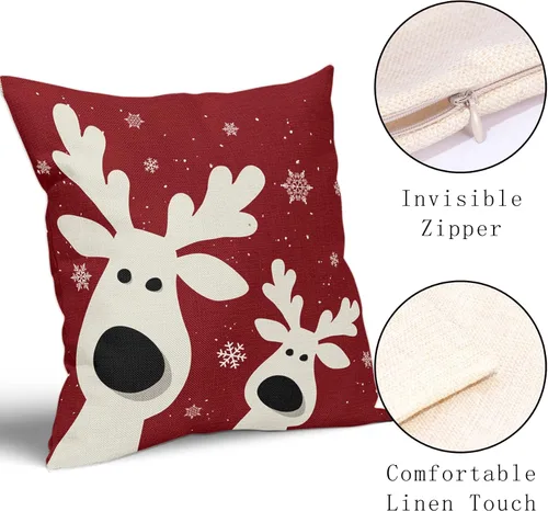 Miniatura 3 de Juego de 2 fundas de almohada de Navidad con ciervos de 18 x 18 pulgadas, diseño de reno rojo con copos de nieve y renos, para decoración del hogar