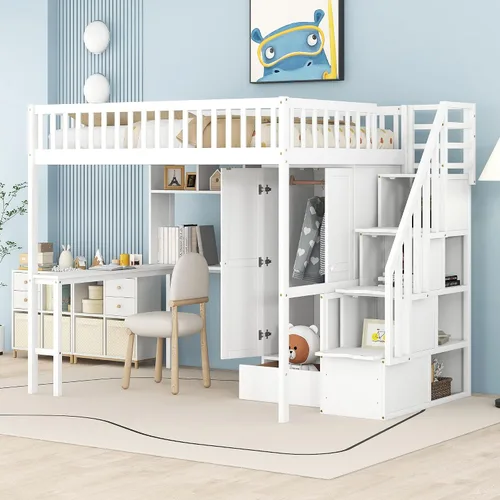 Miniatura 15 de Quarte Cama tipo loft única con cajones de almacenamiento y escaleras, cama alta de madera tamaño individual con estantes y barandillas, para niños