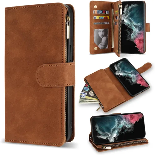 Miniatura 24 de ZZXX Funda para Samsung Galaxy S22 Plus con ranura para tarjeta, piel sintética suave de alta calidad, con cremallera, con correa para la muñeca