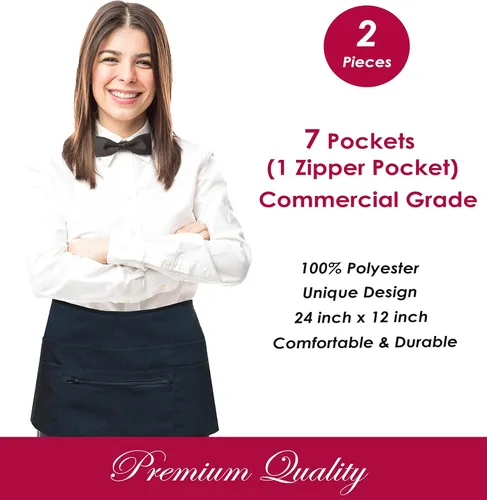 Miniatura 6 de Delantales de camarero con 7 bolsillos con bolsillo con cremallera (paquete de 2) - Delantales para mujeres y hombres - Medio delantal de cintura