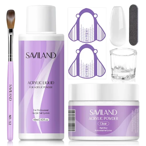 Miniatura 28 de Saviland Kit de iniciación de uñas acrílicas: polvo y líquido acrílico rosa claro nude, cepillo, limas, formularios, uñas a presión, juego