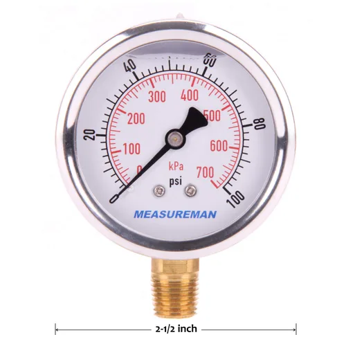 Miniatura 7 de MEASUREMAN - Manómetro de presión 1/4 NPT, manómetro de presión lleno de glicerina 0-100psi/kPa con esfera de 2.5 pulgadas y caja de acero