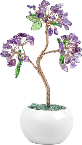 Miniatura 8 de Amogeeli Árbol de dinero de cristal curativo con maceta de cerámica, árbol de la suerte bonsái de piedra para decoración del hogar Fengshui