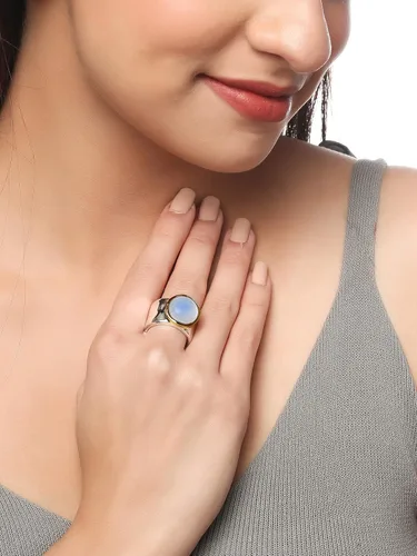 Miniatura 2 de YoTreasure Anillo de banda ancha de plata de ley 925 maciza martillada con piedra lunar de latón
