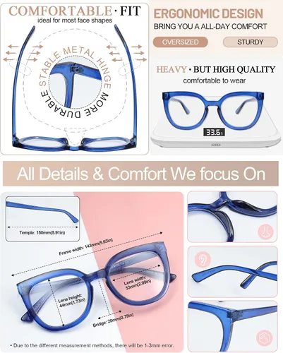 Miniatura 4 de MARE AZZURO Gafas de lectura de gran tamaño para mujer, con estilo, grandes lectores 1.0 1.25 1.5 1.75 2.0 2.25 2.5 2.75 3.0 3.5 4.0 5.0 6.0 Azul