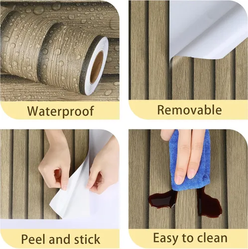 Miniatura 6 de Papel tapiz de listones de madera marrón claro, paneles de madera autoadhesivos, papel tapiz de rayas de grano de madera sintético, papel de 1