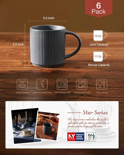 Miniatura 4 de Juego de tazas de café Famiware para 6, tazas de 12 oz con asa para café, té, cacao, leche, juego de tazas de catering con estrella - juego