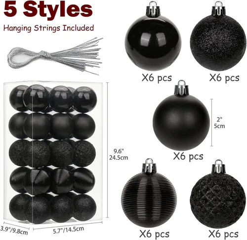 Miniatura 2 de 30 piezas de adornos de bola de árbol de Navidad irrompibles negros para decoración navideña
