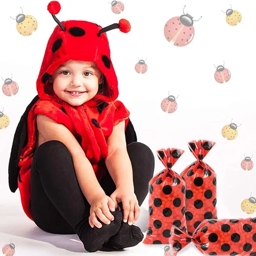 Miniatura 7 de Lecpeting 100 bolsas de golosinas de mariquita, bolsas de dulces de celofán con lunares rojos y negros, regalos de fiesta de mariquita con lazos