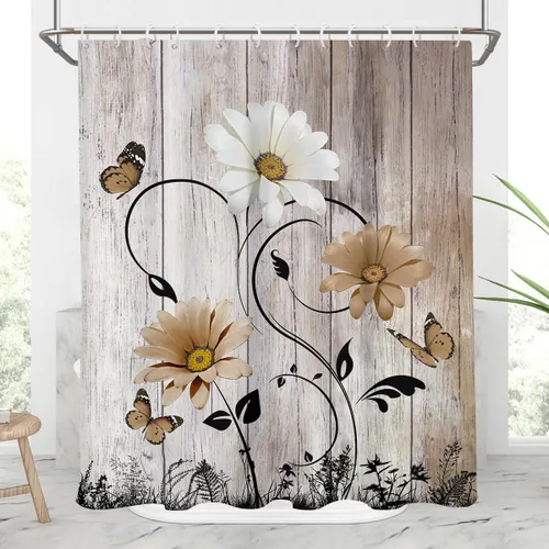 Miniatura 10 de AAtter Cortina de ducha floral azul rústica boho gris blanco amarillo margarita naturaleza negro botánico telón azul verdoso turquesa tela única