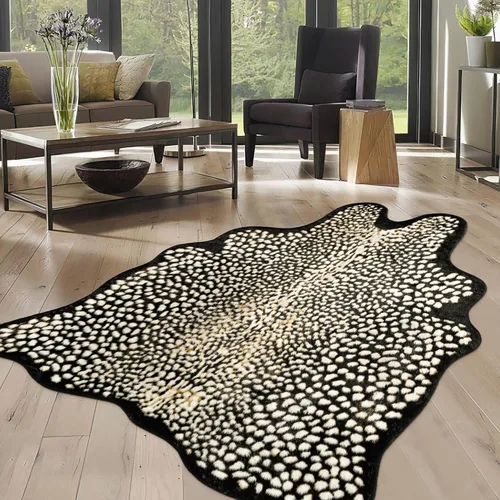 Miniatura 10 de Alfombra de Piel Sintética de Vaca Negra, Alfombra de Piel de Vaca con Estampado de Vaca para Sala de Estar y Dormitorio, 4.6 x 5.2 Pies - Estampado
