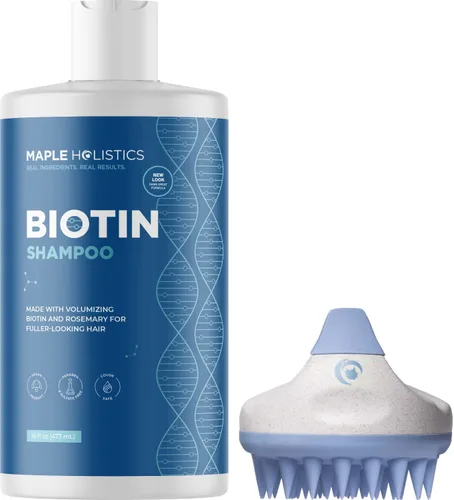 Biotin Shampoo with Scalp Scrubber Set - Cepillo de champú para el cabello y exfoliante de silicona para el cuero cabelludo con champú voluminizador