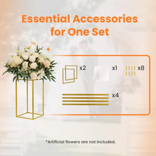 Miniatura 5 de YALLOVE Paquete de 2 soportes dorados de 15.75 pulgadas para flores de boda, soporte de columna de metal para centro de mesa geométrico