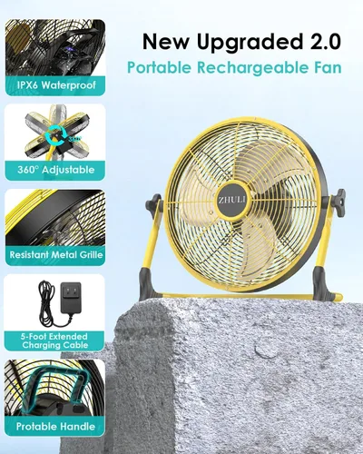 Miniatura 5 de ZHULI Ventilador de piso portátil de 10 pulgadas, ventilador de campamento inalámbrico recargable, motor sin escobillas de alta velocidad, hoja