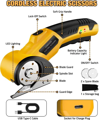 Miniatura 7 de Tijeras Eléctricas Inalámbricas: Cortador de Cartón Recargable de 4V, 3 Cuchillas, Bloqueo de Seguridad y Luz LED, Cortador de Caja para Cartón