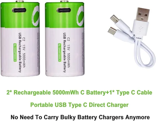 Miniatura 3 de Baterías C - Paquete de 4 baterías recargables C, batería de iones de litio de 5000 mWh, tamaño C, 1.5 V con cargador USB A a tipo C 2 en 1