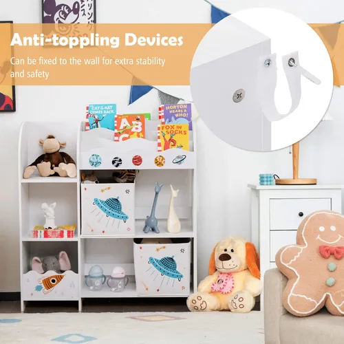 Miniatura 5 de Costzon Organizador de juguetes y libros para niños, estantería de almacenamiento de madera con 5 estantes abiertos, 2 cajas de almacenamiento y 3