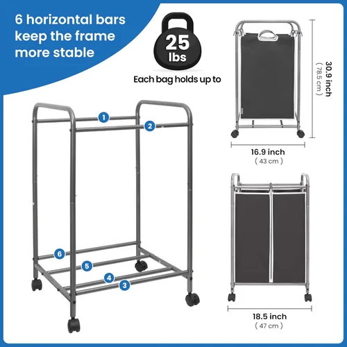 Miniatura 4 de STORAGE MANIAC Clasificador de ropa sucia de 2 secciones, cesta de lavandería de 90 L Gal con ruedas, clasificador separador de cesta de ropa, Negro