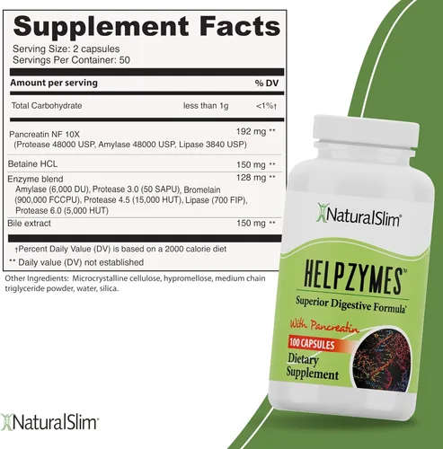 Miniatura 2 de NaturalSlim Helpzymes, complejo de enzimas para adultos con bromelina, bilis de buey, pancreatina y betaína HCl, 100 cápsulas, paquete de 2