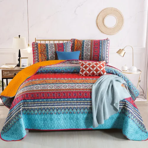 Miniatura 33 de WONGS BEDDING Juego de Colcha Morada Tamaño King, Juego de Colchas Bohemias a Rayas de 3 Piezas, Colcha Ligera de Microfibra para Todas las Púrpura