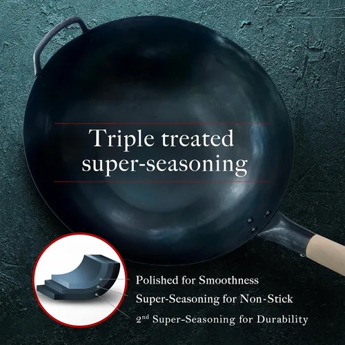 Miniatura 6 de Sartén de wok tradicional de acero al carbono de 16 pulgadas con fondo plano grande – Auténticos woks martillados a mano y sartenes para saltear