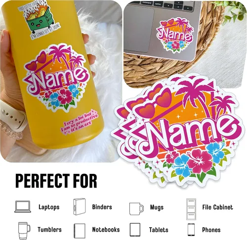 Miniatura 3 de Adhesivo retro personalizado con nombre personalizado, muñeca rosa, nombre de princesa, vacaciones en la playa, impermeable, transferencia UV DTF
