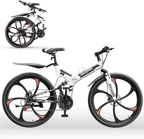 Miniatura 13 de Outroad - Bicicleta de montaña plegable de 26 pulgadas, 21 velocidades, suspensión completa, bicicleta MTB de acero de alto carbono plegable, freno