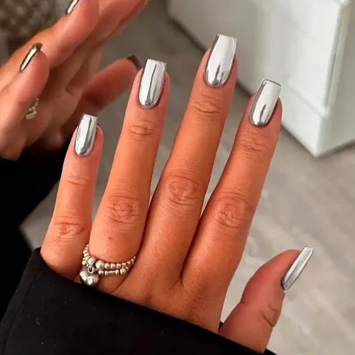Miniatura 11 de Uñas Postizas Cuadradas de Cromo Púrpura Cortas Medianas para Presionar, KQueenest Uñas Acrílicas Falsas de Plateado Metálico Espejo para Presionar