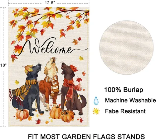 Miniatura 6 de Balgardekor Bandera de jardín de perros de otoño de bienvenida para exteriores, banderas de jardín de Acción de Gracias, 12 x 18 pulgadas