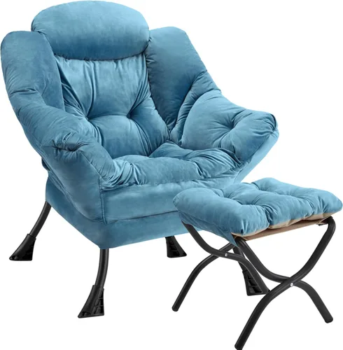 Miniatura 14 de Silla perezosa con otomana plegable, sofá de ocio, sillón de tela suave con reposabrazos y bolsillos laterales, silla de lectura con reposapiés