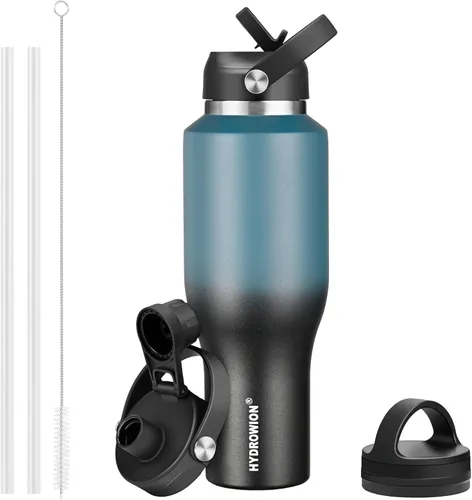 Miniatura 48 de HYDROWION Botella de agua de acero inoxidable, 32 onzas, boca ancha, doble pared, aislada al vacío, con tapa de pajilla, tapa de boquilla y tapa