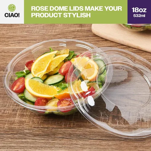 Miniatura 6 de CIAO! Tazón de fruta y ensalada PET transparente de 18 oz con tapa de cúpula rosa (150/caja)