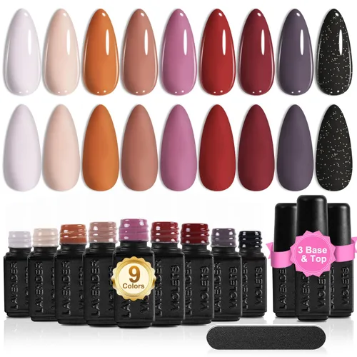 Lavender Violets Juego de 13 esmaltes de uñas de gel, 9 tonos de piel gris y marrón, beige, caqui, colección de otoño e invierno, decoración de uñas