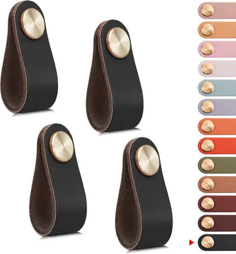 Miniatura 20 de Paquete de 4 tiradores de cuero para cajones, color beige, pomos de puerta de armario de 3.7 pulgadas, tiradores de piel sintética para tocador