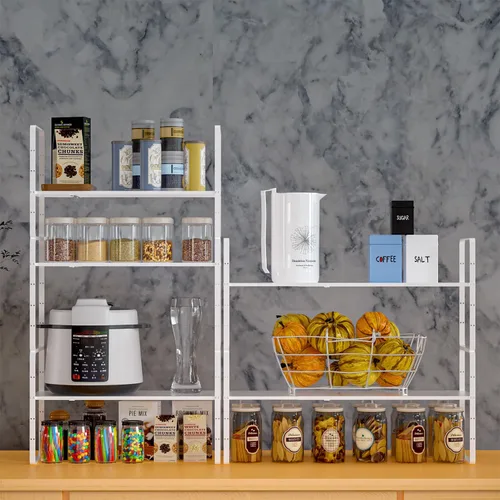 Miniatura 3 de Paquete de 2 organizadores de estantes de gabinete de cocina expandibles, estantes de almacenamiento de despensa de metal apilables, estante Blanco
