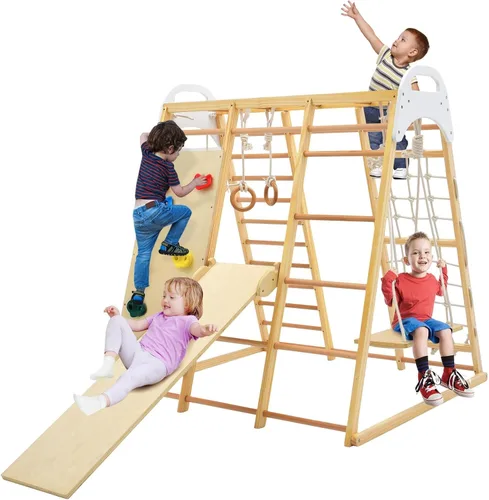 Miniatura 10 de GLACER Gimnasio de la selva 8 en 1, gimnasio de escalada interior de madera con tobogán, columpio, barras de mono, escalera de cuerda, escalada