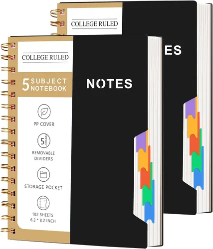 Miniatura 11 de CAGIE Cuadernos de espiral para trabajo escolar con pestañas divisorias extraíbles, cuaderno de 5 materias de 8.5 x 11 pulgadas, a rayas
