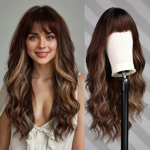 Miniatura 18 de Pelucas rubias cenizas para mujer, peluca larga recta en capas con flequillo, cabello sintético natural con raíces oscuras