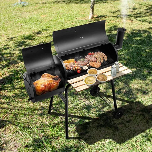 Miniatura 3 de Giantex Parrilla de carbón para barbacoa con ahumador desplazado, termómetro y amortiguador ajustable, ahumador para cocinar carne, ahumador