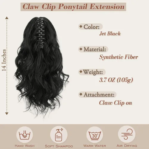 Miniatura 2 de BARSDAR Extensiones de cola de caballo con clip de garra, extensiones de cabello corto ondulado negro de 14 pulgadas para mujer, extensiones