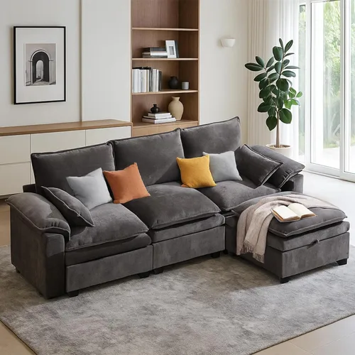 Miniatura 23 de Sofá Seccional Modular en Forma de L de 100", Sofá con Almacenamiento Otomano, Sofá Nube de Chenilla con Asientos Profundos y Mullidos para Sala