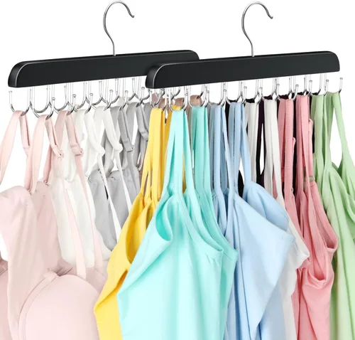 Paquete de 2 perchas para brasieres, capacidad plegable con 40 ganchos, perchas de sujetador para organizador de armario, perchas de madera de Negro