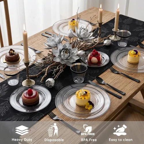 Miniatura 7 de I00000 El juego de vajilla de plástico negro de 210 piezas para 30 invitados incluye: 30 platos llanos, 30 platos de postre, 30 servilletas
