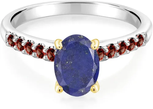 Miniatura 2 de Gem Stone King Anillo de oro blanco de 10 quilates ovalado azul lapislázuli rojo granate de 2.35 quilates con puntas de oro amarillo